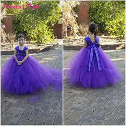 Тюлевое платье-пачка с длинным шлейфом ручной работы свадебное платье для девочек украшенное цветами элегантное нарядное фиолетовое