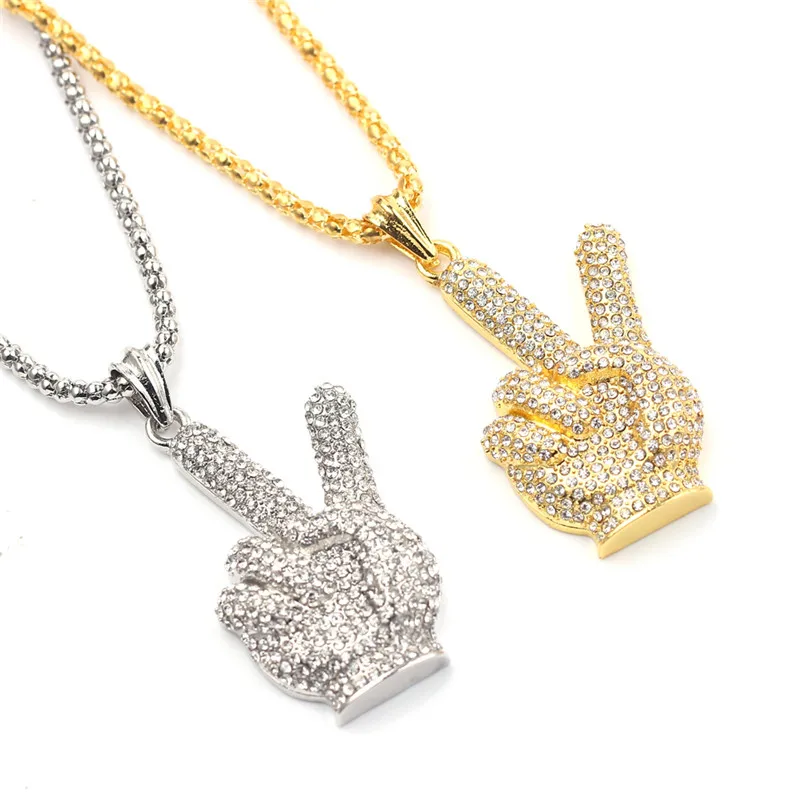 

Hip-Hop"Victory"gesture Necklaces Ice Out Chain Jewelry Scissor hand Crystal For Women Men Full Rhinestones Sweater Collar