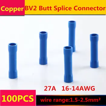 

100pcs/ T042 BV2 Blue Butt Splice Connector Seam Type Cable Wire Joiner Fully Insulation Crimp Terminal for 1.5-2.5mm2,16-14AWG