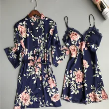 Женский халат и платье наборы Цветочная атласная пижама женский сексуальный шелковый кружевной женский халат Набор Шелковый ночной домашний халат Элегантная ночная рубашка