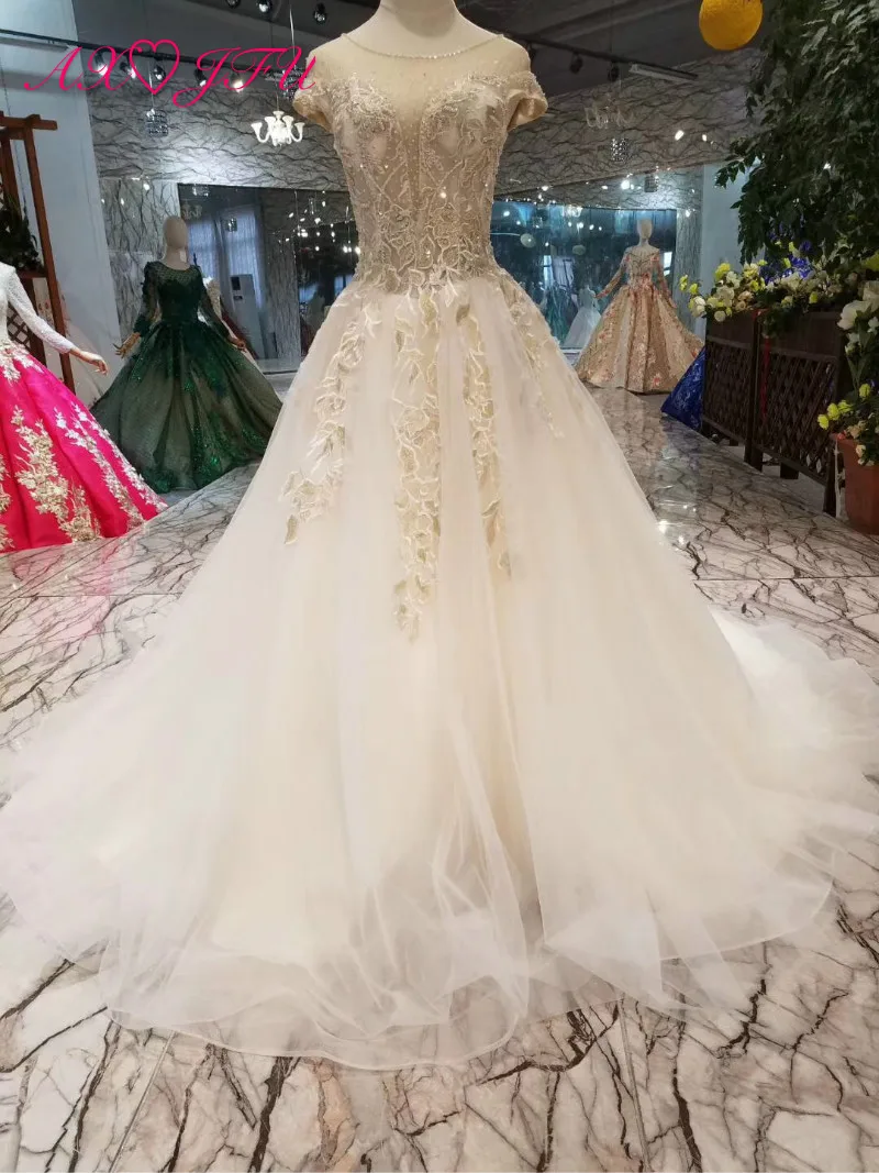 AXJFU роскошное платье принцессы цвета шампанского кружевное вечернее платье Винтаж Турция с круглым вырезом бисер цветок вечернее платье