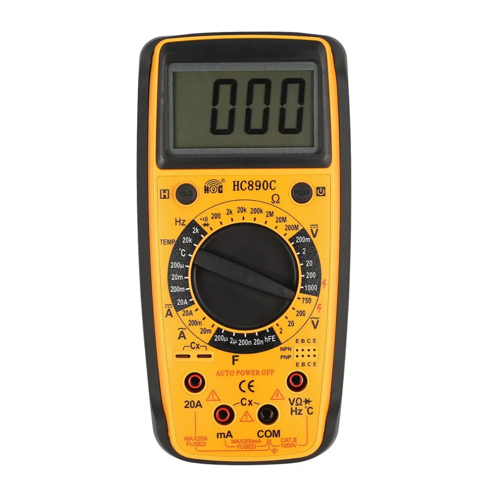 

HC890C Digital Handheld Multimeter AC/DC Volt Amp Ohm Capacitance Temperature Diode hFE Tester Continuity testing 1999 Counts