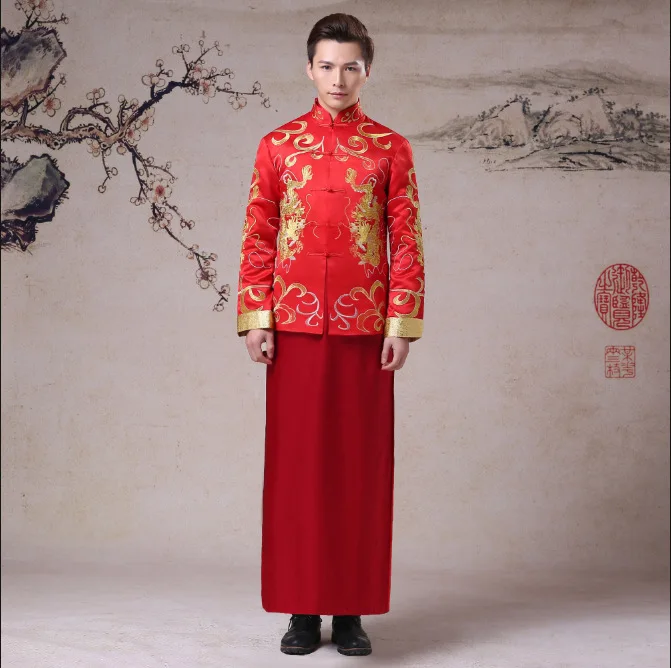 Китайская мужская свадебная одежда с вышивкой дракона, Восточный Свадебный костюм жениха, мужской праздничный костюм, размеры s, m, l, xl