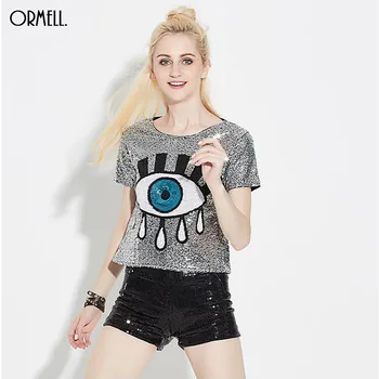 

ORMELL Women's Crop Tops Casual T Shirts Feminina Evil Eye Print Glitter O Neck Short Sleeve Shirt Top Low Price