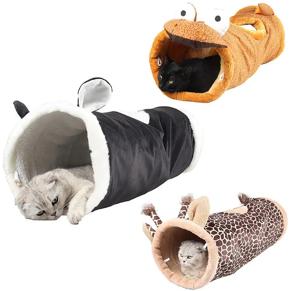 Foldable Dinosaur Giraffe Funny Pet Cat Tunnel 2 Holes Cat Rabbit Play Tunnel Tubes short plush Kitten Dog Toys Puppy Ferrets