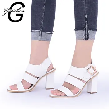 

GENSHUO Women Sandals Gladiator Black Buckle Strap Sandals for Women Chunky Heels Summer Shoes Ladies Block Heel White Sandals