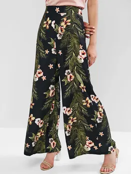 

ZAFUL 2019 Women's Pants Floral Leaves Seam Pockets women's trousers Wide Leg Pants Female Summer Beach Bohemian Trousers