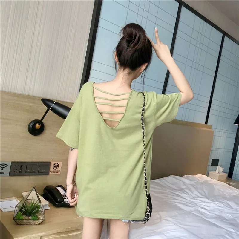 

2019 New Summer Hollow Out Backless Short Sleeve Loose T-shirt Women Casual Tee Shirt Female Korean Tshirt