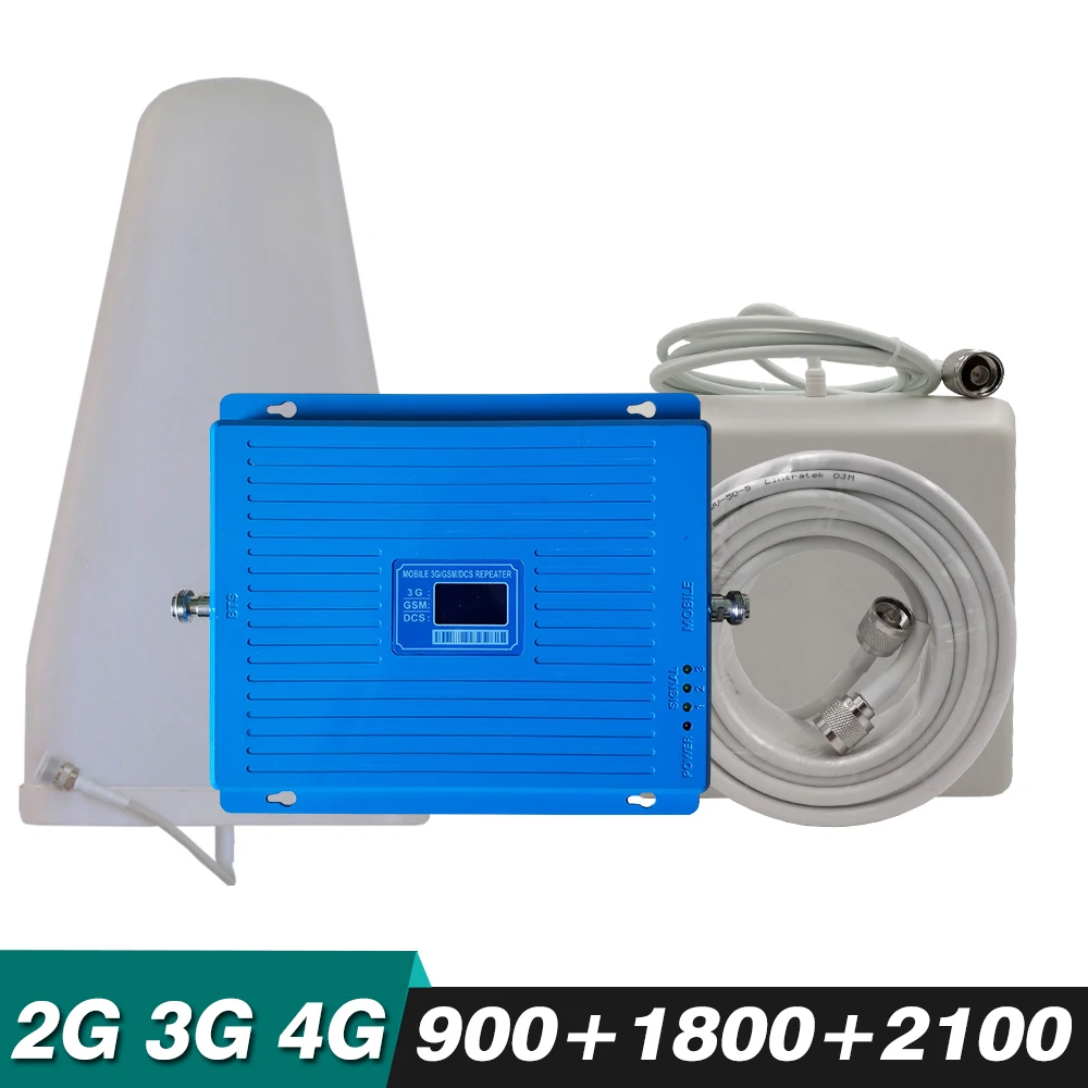 

2G 3G 4G Tri Band Cell Phone Booster GSM 900+DCS/LTE 1800+UMTS WCDMA 2100 Mobile Signal Repeater Cellular Amplifier Antenna Set