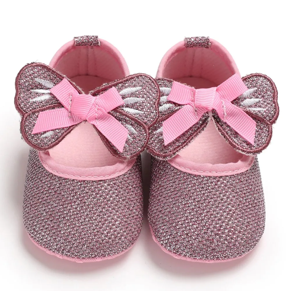 Для тех, кто только начинает ходить, Дети детская обувь, Новорожденные Детские Мягкая подошва, с бантом тапочки для малышей с бабочкой туфли с цветочным принтом - Цвет: Розовый