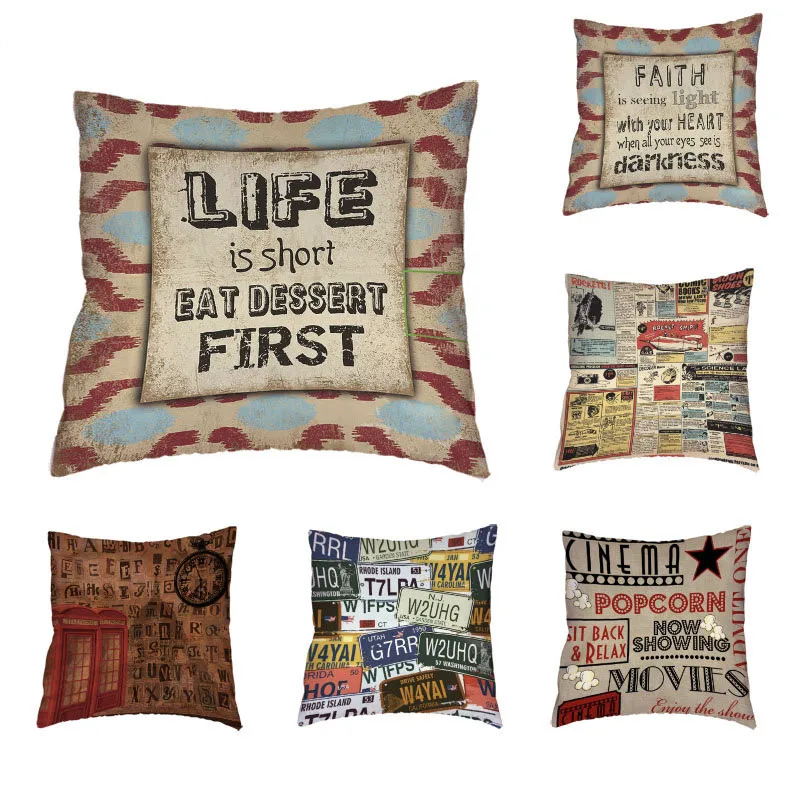 

Personality Classical Letters Cushion Cover Polyester Peach Skin Colorful Newspaper Phone Booth License Plate Pillow Decoration