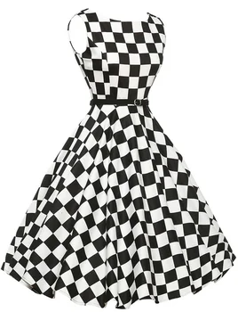 

2017 Female Elegant Vintage Pinup Audrey Hepburn Style 60s Gown Party Rockabilly Dress Women Black White Plaid 50S Dresses