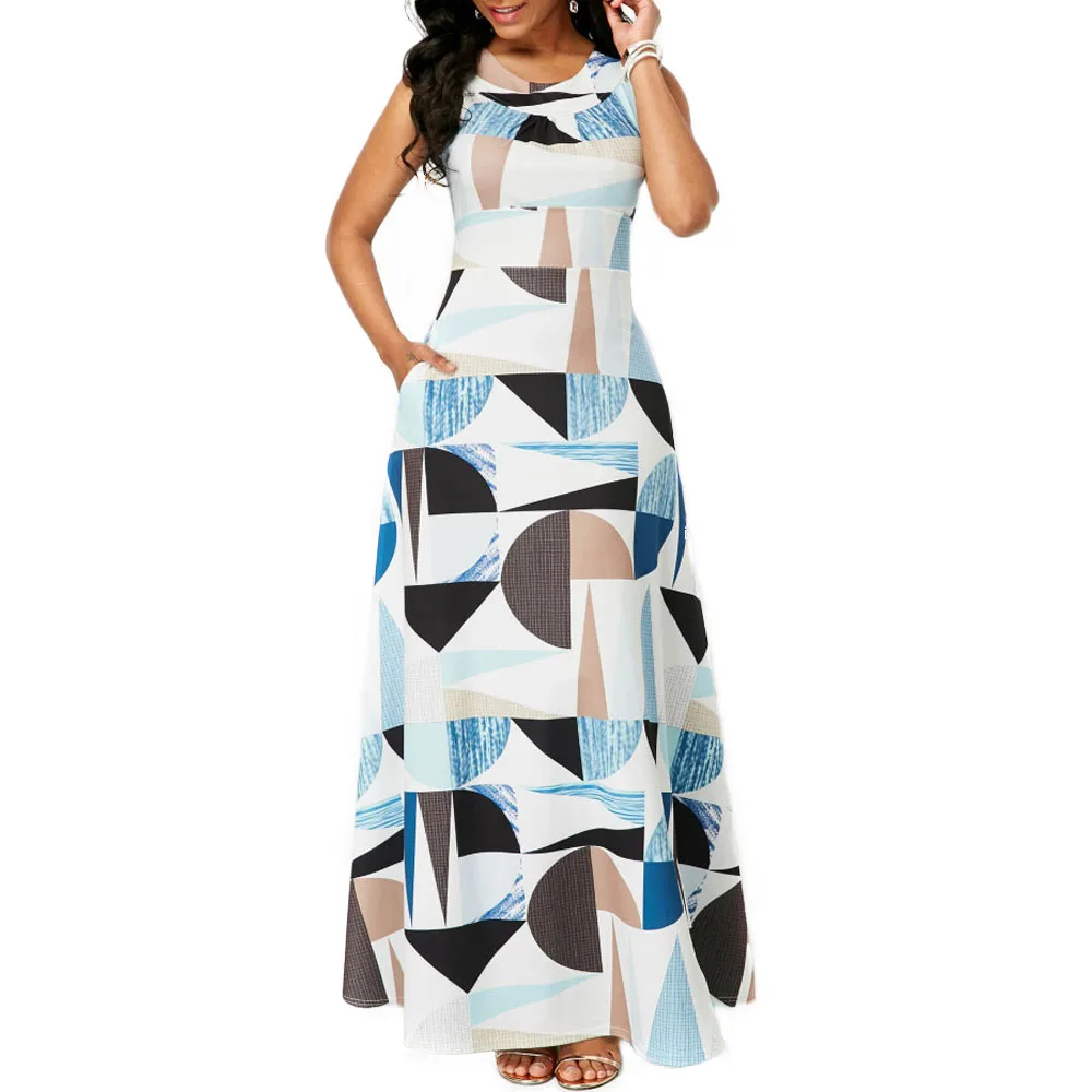 

Plus Size S-5XL Geometric Pattern Printed Maxi Long Dress Womens High Waist Sleeveless O-Neck Swing Dresses
