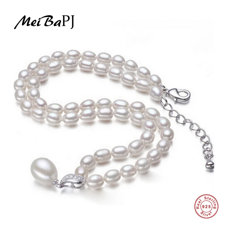 

[MeiBaPJ] New Arrival 925 Sterling Rice Pearl Pendant Necklace For Women 3 Colors 9-10mm Natural Freshwater Pearl Jewelry