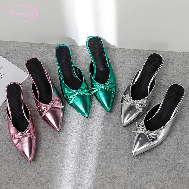 

European party style sexy pointed toe summer slippers fashion bowknot glitter green pink silver medium heels women's shoes