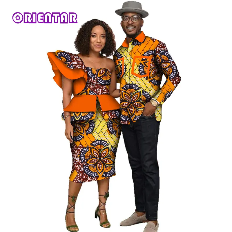Африканская одежда для мужчин и женщин, Африканский принт, длинный рукав, мужская рубашка, женские топы на одно плечо, короткие юбки, одежда для пар, WYQ135 - Цвет: 1