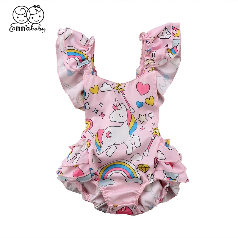 Lovely Newborn Baby Unicorn Bodysuit Summer Ruffles Sleeveless Backless Tutu Skirted Jumpsuit Outfits Sunsuit Clothes striped backless wide leg jumpsuit