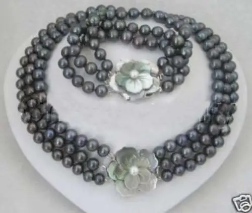

Women's Wedding >> NEW Noblest 3 row 7-8MM black pearl necklace bracelet set 17-19"7.5" Natural silver-jewelry silver-jewelry