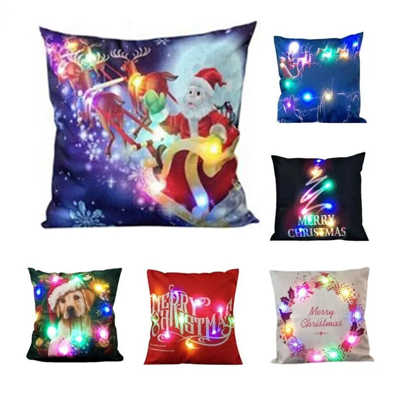 

Hoomall LED Light Cushion Cover Christmas Printed Decorative Pillows for New Year Sofa Home Throw Pillows Linen Square Cushion