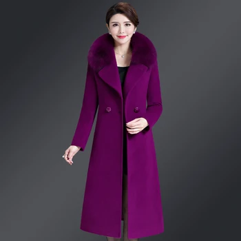 

2019 New Autumn Winter Woolen Coat Women Medium Long Turn-down Double Breasted Wool Coat with Fur Colar Ladys Elegant Outerwear