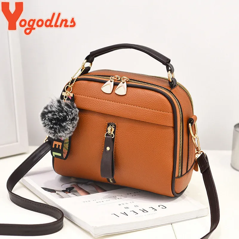 Yogodlns الأزياء عالية الجودة بو الجلود حقائب كتف للنساء بلون الأنثوية يد الشعر كرة زينة crossbody حقيبة
