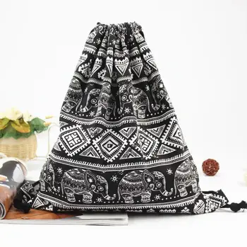 

New Elephant Retro Canvas Bag Shoulder Backpack Small Fresh Drawstring Bag Fashion Women's Bundle Bag