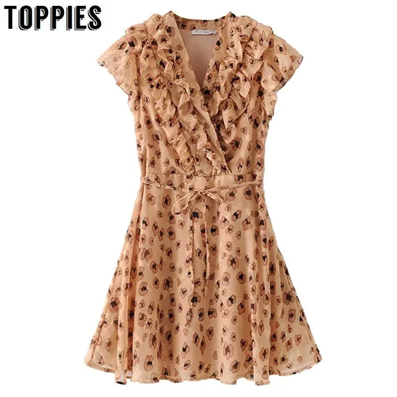 

Leopard Printing Summer Ruffles Dress Jacquard Deep V Neck Party Dress Lace-up Waist Sexy Club Wear