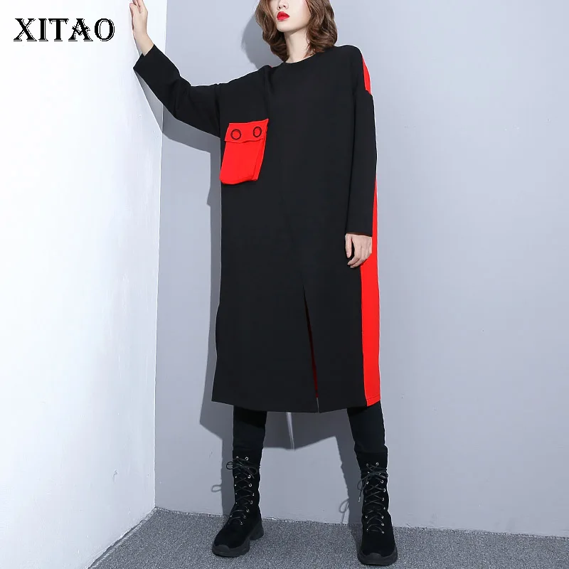 

[XITAO] Autumn 2018 New Women Korea Fashion O-neck Full Sleeve Loose Dress Female Pocket Patchwork Mid-calf Dress LJT4659