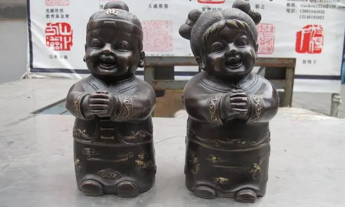 

8"Chinese Feng shui Pure Bronze Lucky Fu Gal Girl Auspicious Statue Pair