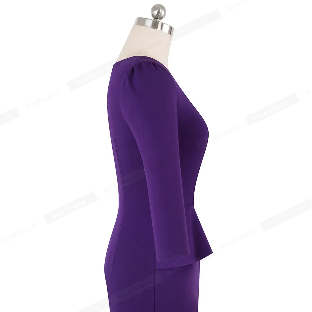 Женское облегающее деловое платье Nice-forever, элегантное платье-карандаш с баской, длиной рукава в три четверти и круглым вырезом,B542