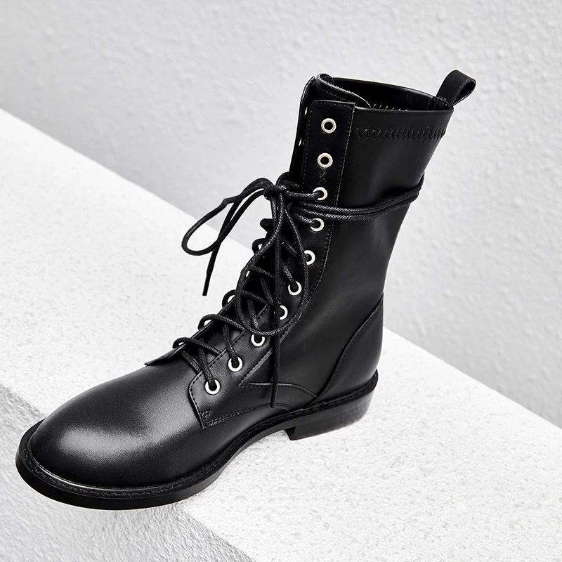 Online Vangull botas de mujer 2019 zapatos de moda mujer cuero genuino cuero de vaca correas de tacón bajo con botas Martin, botas de caballero, botas