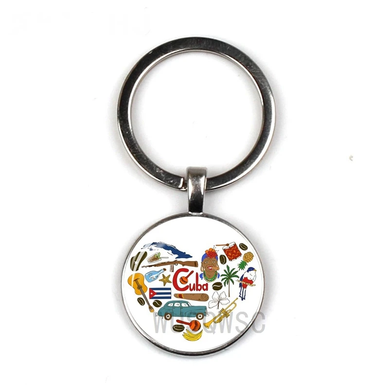 

2019 New National Style Key Chain Cuba Impressionist Keychain Glass Round Keyring Silver Black Bronze Keychain Jewelry