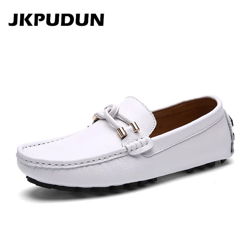 JKPUDUN Geunine/повседневная кожаная обувь мужские лоферы на шнуровке Роскошная