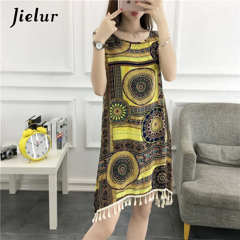 Jielur 2018 модный принт платья без рукавов Летнее женское платье повседневное Boho