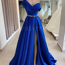 Длинные вечерние платья Новое поступление золотой пояс сексуальные с высоким разрезом Королевский синий Арабский стиль женские вечерние платья robe de soiree