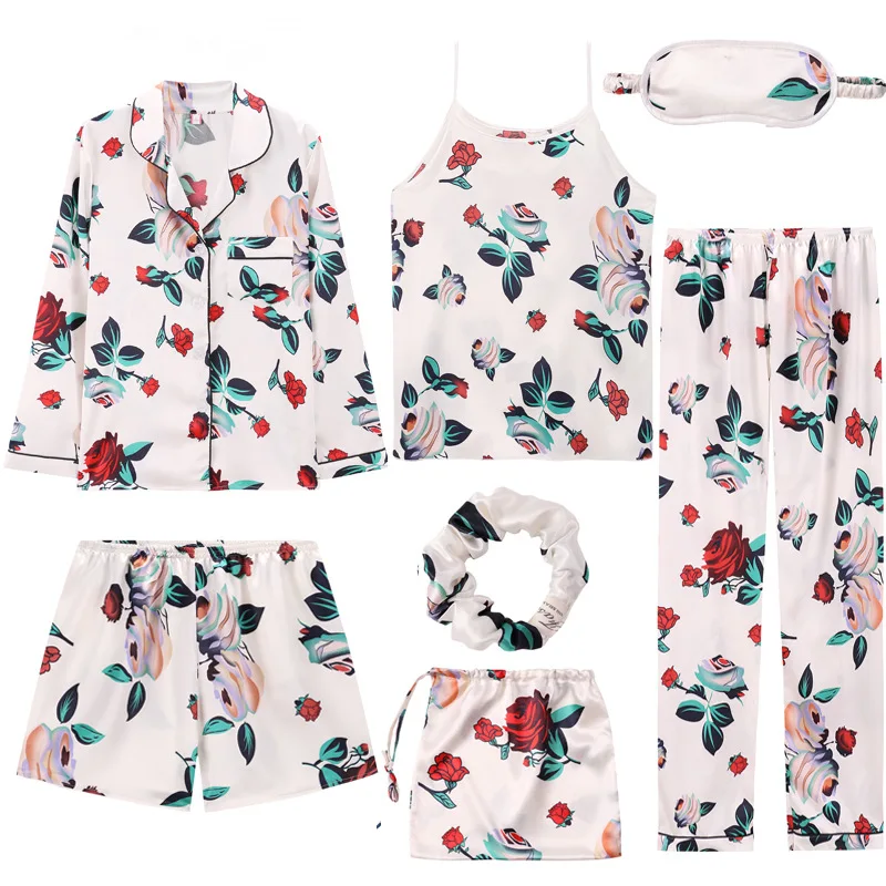 Новые атласные пижамы пижамный комплект для женщин пижамы 7 штук женский кружевной Шелковый Полосатый Пижамный костюм Лето Осень женское белье для домашней носки