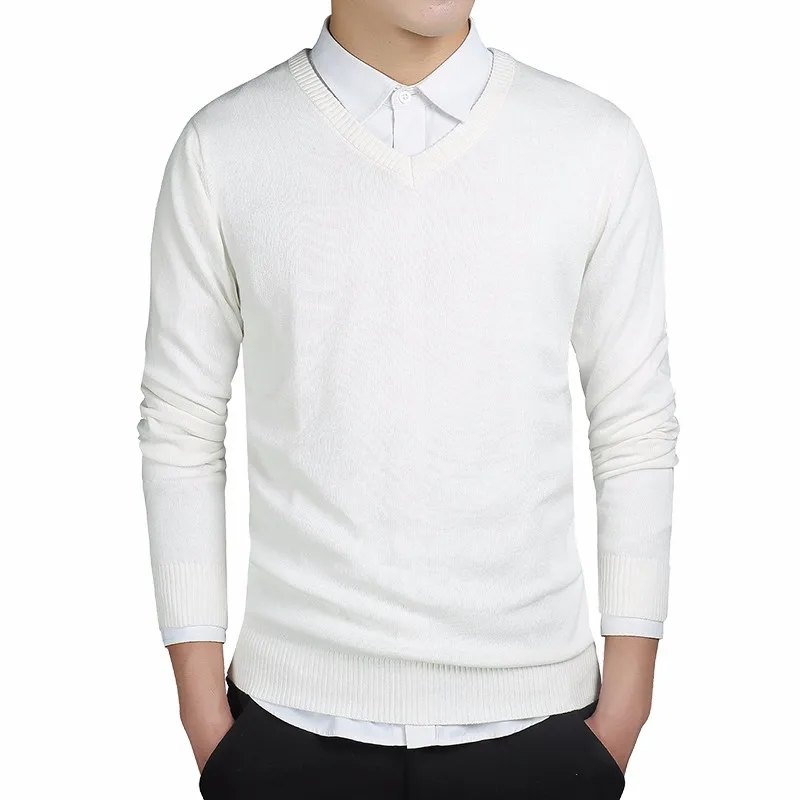 Весенний мужской свитер, пуловеры, простой стиль, хлопок, Вязанный свитер с v-образным вырезом, джемпер, тонкий мужской трикотаж, серый M-3XL - Цвет: white