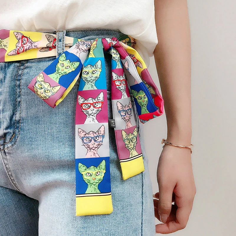 

2019 Multipurpose Animal Printing Long Head Scarf Belt for Women Imitation Silk Black Bag Belt Strap for Female Scarves Women