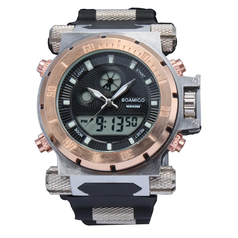 Мужские часы BOAMIGO, роскошные брендовые, повседневные, модные, кварцевые, водонепроницаемые, двойное время, цифровые, аналоговые, мужские часы, relogio masculino - Цвет: rose gold