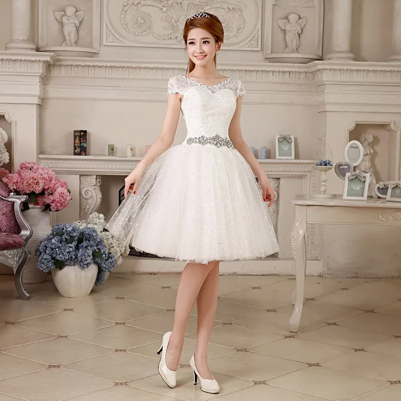 Cheap-Short-Wedding-Dresses-Romantic-2014-Lace-Up-Bridal-Gown-Flower-Crystal-Sashes-Vestido-de-noiva
