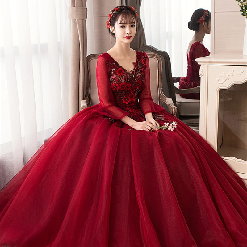 Бордовое бальное платье 2020 платья с аппликацией для Quinceanera длинным рукавом 15