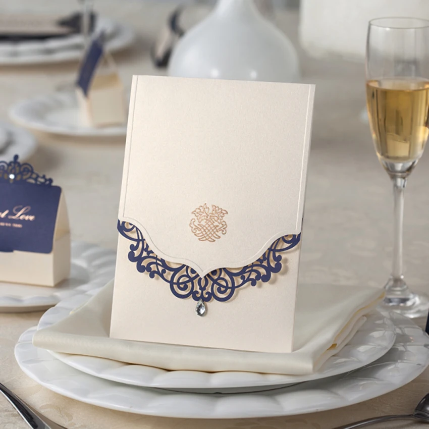 Free Shipping 50pcs Navy Blue Laser Cut Wedding Invitations Card