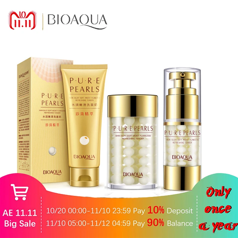 

3 Pcs BIOAQUA Pure Pearl Cleanser/Eye Cream/Facial Essence Mask Depth Replenishment Moisturizing Oil Control Face Skin Care Set
