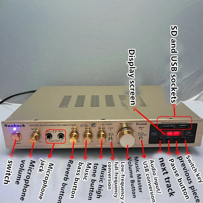 AV-298BT 200-250 Вт USB/Bluetooth трубка профессиональное Домашнее аудио караоке цифровой усилитель высокой мощности