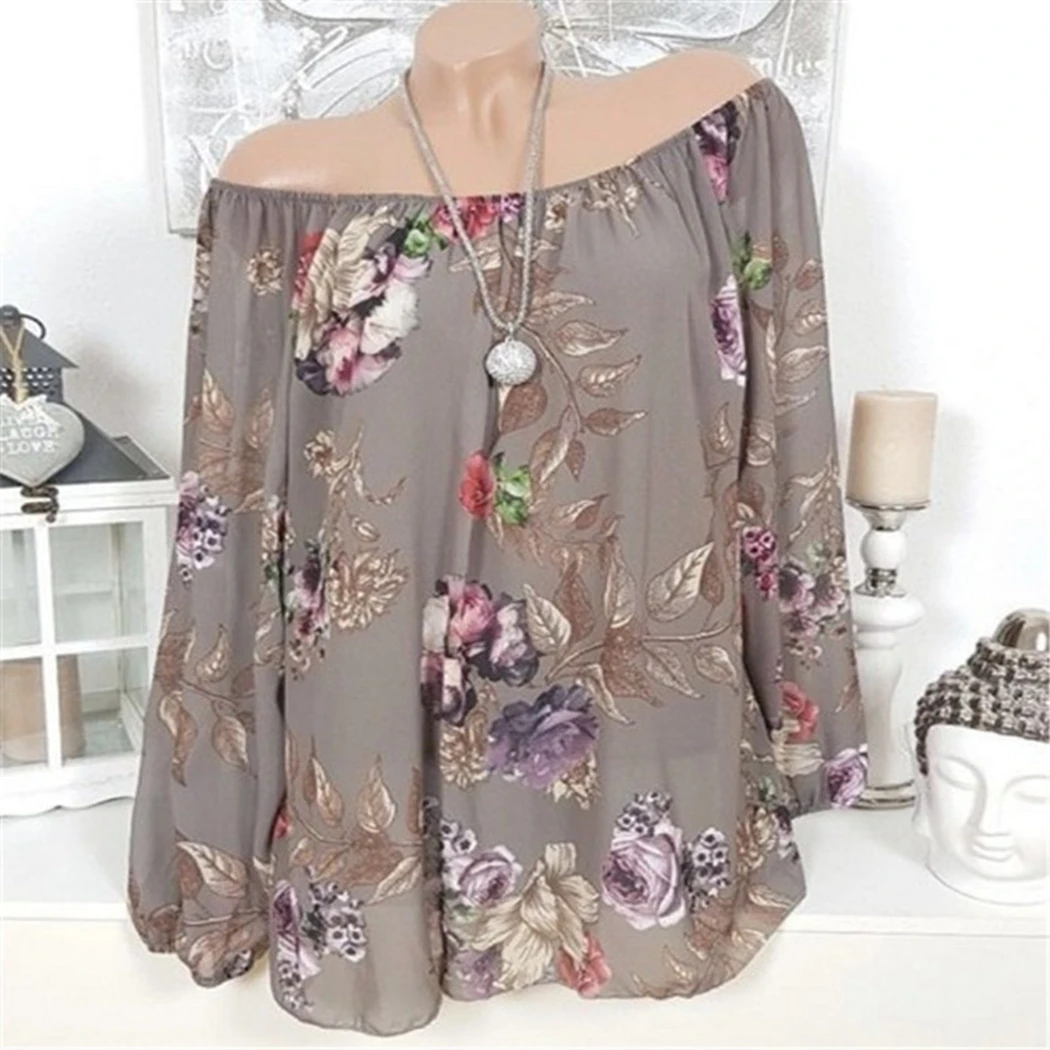 Women Slash Neck Blouse Shirts Sexy Off Shoulder Floral Print Loose Plus Size Summer Long Sleeve Tops Tunic Femme Blusa |