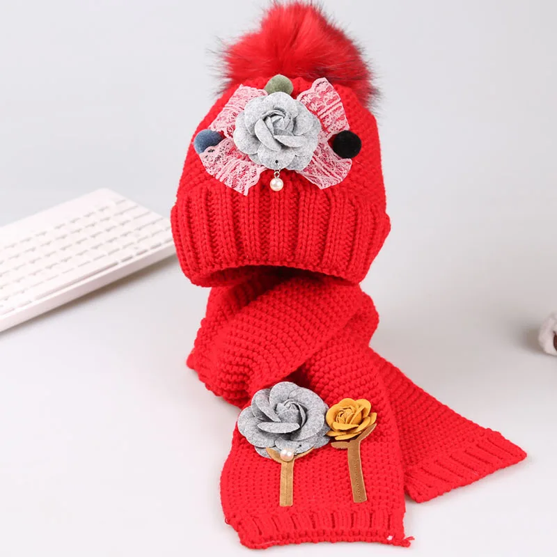 От 1 до 7 лет, детская зимняя вязаная шапка, шарф, комплект с помпоном, шапка, комплекты для девочек и мальчиков, модная детская теплая шапка с цветочным принтом и шарф, комплекты - Цвет: red