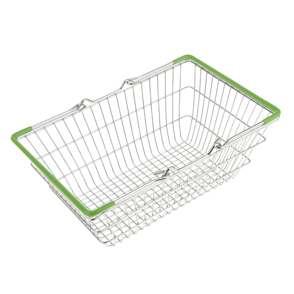  Metal Silver&Green Shopping Basket Table Desk Storage Kids Pretend Role Play Toys for Room Decorati