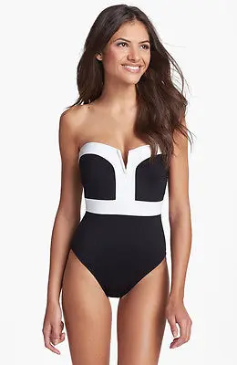black and white strapless swimsuit