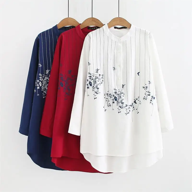  Plus size mandarin collar long sleeve blouses women 2018 Embroidered red & white & dark blue shirt 