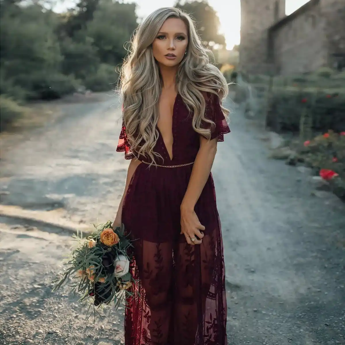 Women Long Maxi Dress Deep V Neck Short Sleeve Embroidery See